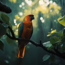 colorful bird perched on a tree branch in the rain