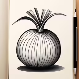 an ink drawing of a onion on white paper