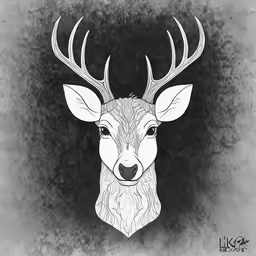 a black and white image of a deer with large antlers