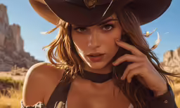 a woman in cowboy attire posing for the camera
