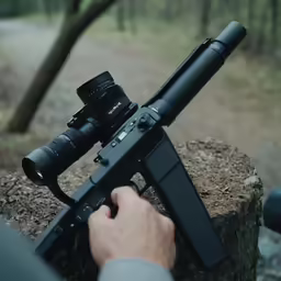 a person shooting with an optical telescope on a tree