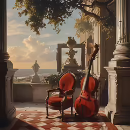a large balcony with a piano, violin and red chair