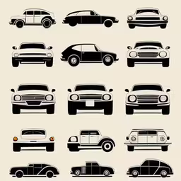 different types and sizes of cars in the illustration,many classic cars from the fifties are shown in different colors