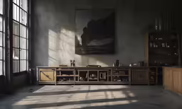 a large wood storage cabinet and a painting on the wall