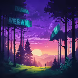 a painting of a forest with a big sky and purple sky,an animated view of a purple sky with trees