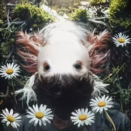 an artistic view of a woman with lots of daisies