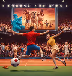 a group of people in action on a tennis court,there are two people that are playing soccer