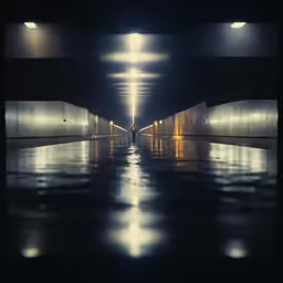 a man standing in a long tunnel near a wall