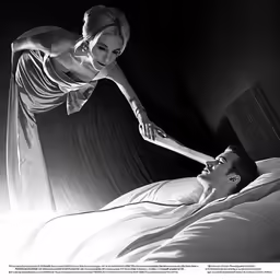 a man reaching his head over the edge of a bed to touch the head of a woman