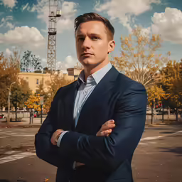 man posing on a street in front of a building