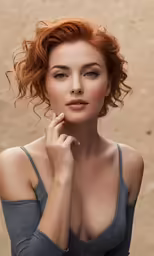 a woman is posing with her hand on her lip