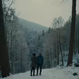 two people are walking through the snow covered forest
