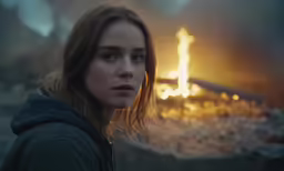 a woman stares intently at the camera as she stands in front of a fire