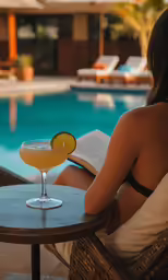 woman sitting at a table reading a book while drinking a drink