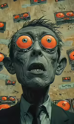 a man in suit with lots of orange eyes staring