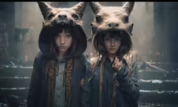 two young girls wearing masks in the woods