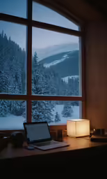 a laptop computer sitting on top of a desk in front of a window