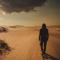 man walking through desert on dark cloudy day