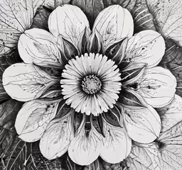 a flower that is sitting on the ground,black and white flower in a circular arrangement