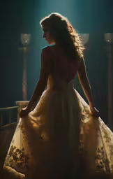 a woman is standing alone in a dress