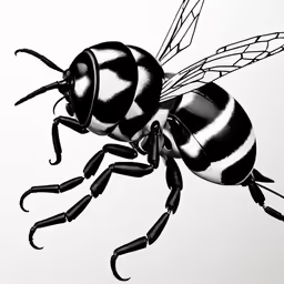 two bees in black and white, one in red and the other in grey