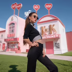 a woman poses in front of a pink kfc bank with a kfc sign behind her