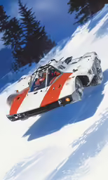 an orange and white race car is driving down a snow covered hill