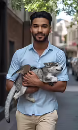 a man walking down the street holding two dogs