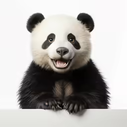 a panda bear sitting behind a white panel