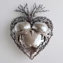 two decorative heart shaped mirrors sitting on top of a wall
