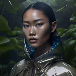 a woman with makeup in the forest,an image of a woman with large eyelashes in the forest