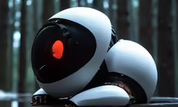 a robot that is sitting down in the forest