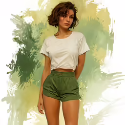 an image of a woman standing wearing green shorts
