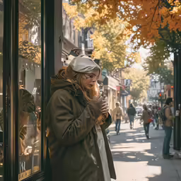 a woman with glasses stands by the side of the street