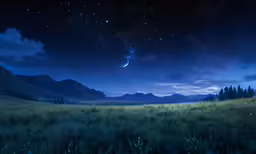 a view of the sky and mountains near a field at night