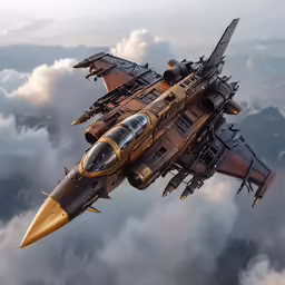 an aircraft flying through the clouds near some mountains