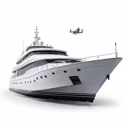 the helicopter is flying above a large white yacht