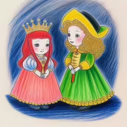 a pencil drawing of two children wearing fancy dresses,this is an image of two children wearing renaissance clothing