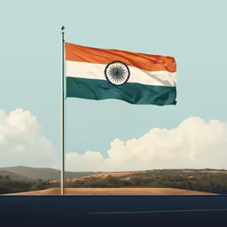 an indian flag flying from a hill, with hills and clouds in the background