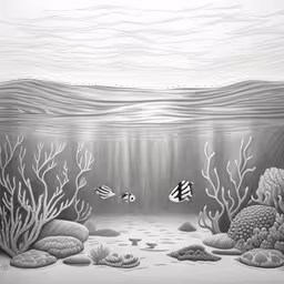 an underwater view with fish and algaes,an underwater scene shows fish and seaweed,a drawing of an underwater scene with seaweed and coral,a pencil drawing of the bottom part of a body of water with a lot of different animals,drawing - under the water by patrick d martin