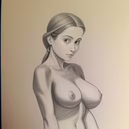 the sketch is of a woman with large breast,a drawing of a nude female with long dark hair