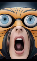 woman with big blue eyes opening her mouth to scream