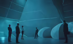 a man and several people in a dimly lit room