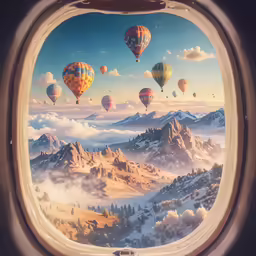 view out an airplane window of many balloons flying above the clouds