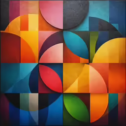 an abstract painting in vibrant colors of different shapes