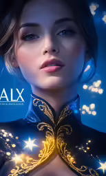woman in costume against background that reads relax with light beams