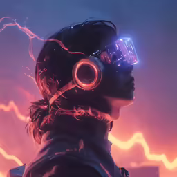 a woman wears headphones and stares into the distance