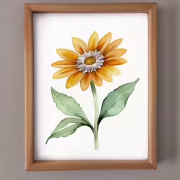 a watercolor painting of an orange flower with green leaves,a painting with a yellow flower that is in a wooden frame