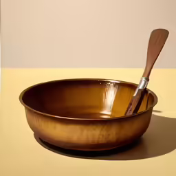 a wooden bowl and wooden spoon sitting on a table