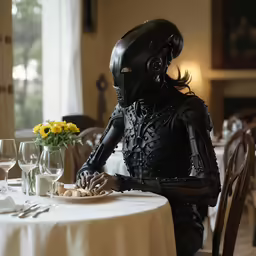a lady in a black outfit sitting at a table
